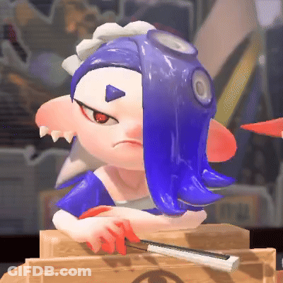 A Cartoon Character With Blue Hair And Red Eyes Is Sitting On A Box GIF