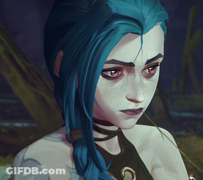 A Cartoon Character With Blue Hair And Red Eyes Looks At The Camera GIF