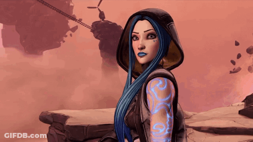 A Cartoon Character With Blue Hair And Tattoos On Her Arm GIF