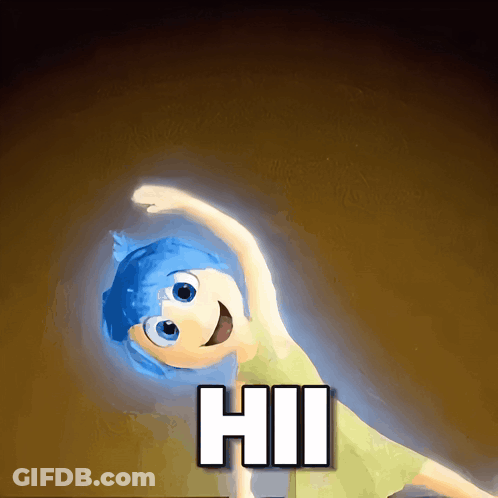 A Cartoon Character With Blue Hair And The Word Hii On The Bottom Right GIF
