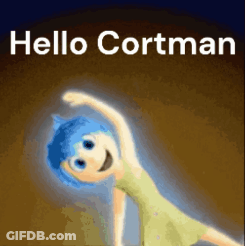 A Cartoon Character With Blue Hair And The Words Hello Cortman On The Bottom GIF