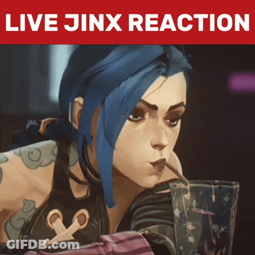 A Cartoon Character With Blue Hair And The Words " Live Jinx Reaction " Above Her GIF
