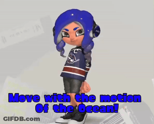 A Cartoon Character With Blue Hair And The Words Move With The Motion Of The Ocean On The Bottom GIF