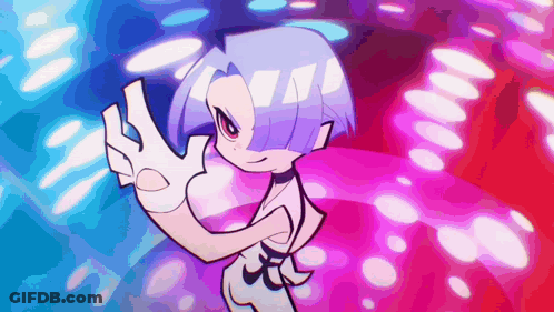 A Cartoon Character With Blue Hair And White Gloves Is Surrounded By Pink And Blue Lights GIF