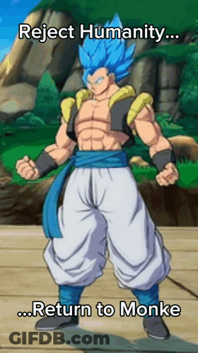 A Cartoon Character With Blue Hair And White Pants Is Standing In Front Of A Mountain And Says Reject Humanity Return To GIF