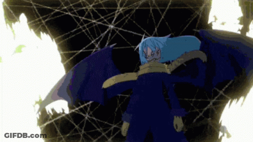 A Cartoon Character With Blue Hair And Wings Is Standing In Front Of A Wall GIF