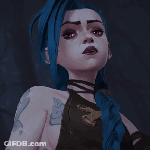 A Cartoon Character With Blue Hair Has A Tattoo On Her Arm GIF