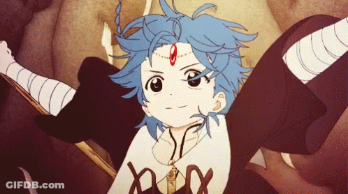 A Cartoon Character With Blue Hair Is Holding A Stick In His Hand . GIF