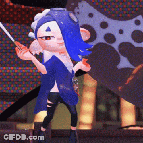 A Cartoon Character With Blue Hair Is Holding A Sword In Her Hand GIF