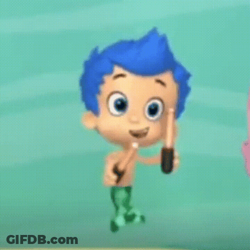 A Cartoon Character With Blue Hair Is Holding A Sword In His Hand . GIF