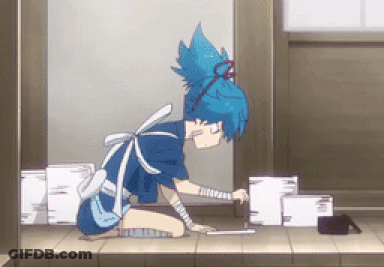 Blue Hair Cartoon Character Kneeling On Floor GIF