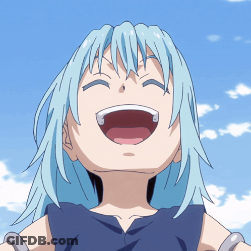 A Cartoon Character With Blue Hair Is Laughing With Her Mouth Open GIF