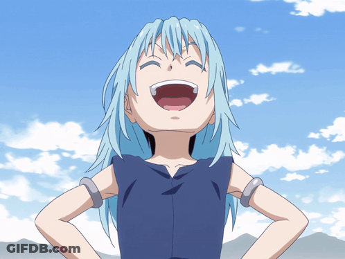 A Cartoon Character With Blue Hair Is Laughing With His Mouth Wide Open GIF