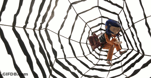 A Cartoon Character With Blue Hair Is Sitting In A Web GIF