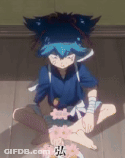 Blue Hair Cartoon Sitting On Floor With Flowers On Feet GIF