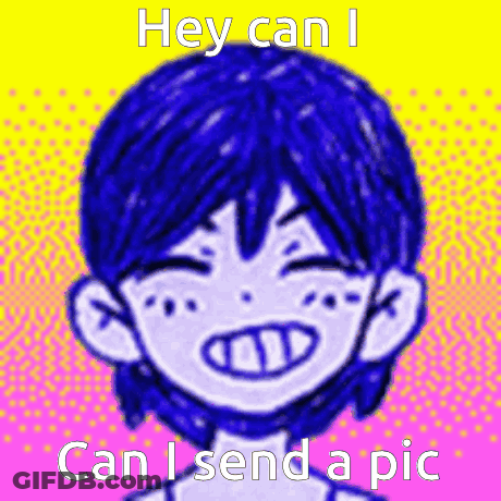 A Cartoon Character With Blue Hair Is Smiling And Asking If He Can Send A Picture . GIF