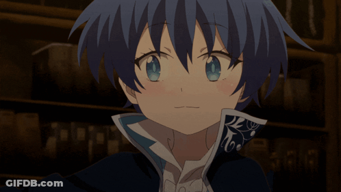 A Cartoon Character With Blue Hair Is Smiling In Front Of A Shelf Of Books GIF