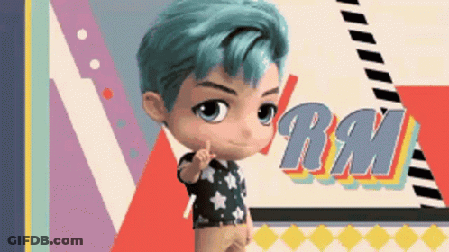 A Cartoon Character With Blue Hair Is Standing In Front Of A Colorful Background With The Word Rm On It . GIF