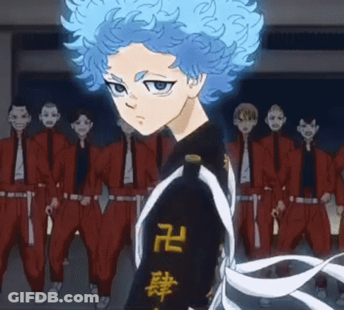 A Cartoon Character With Blue Hair Is Standing In Front Of A Group Of People GIF