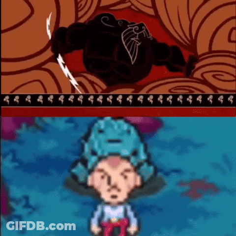 A Cartoon Character With Blue Hair Is Standing In Front Of A Monster . GIF