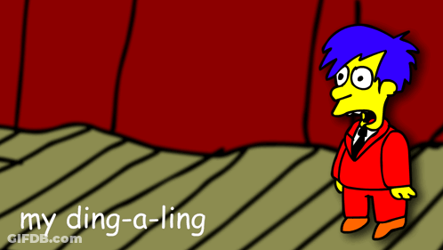 A Cartoon Character With Blue Hair Is Standing In Front Of A Red Curtain With The Words My Ding-A-Ling Below Him GIF