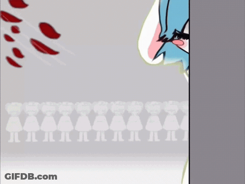 A Cartoon Character With Blue Hair Is Standing In Front Of A Row Of Silhouettes Of Girls GIF