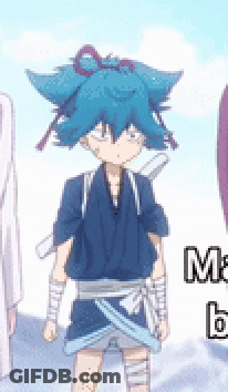 Blue Hair Cartoon Character Standing In Front Of I Am A Ninja Sign GIF