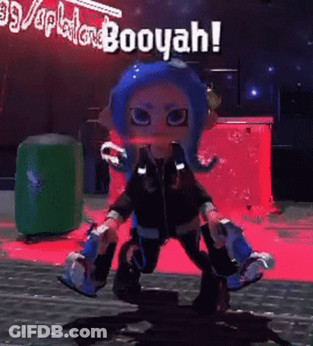 A Cartoon Character With Blue Hair Is Standing In Front Of A Sign Which Says Booyah GIF