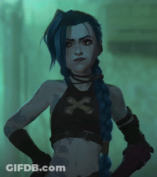 A Cartoon Character With Blue Hair Is Standing With Her Hands On Her Hips In A Dark Room . GIF