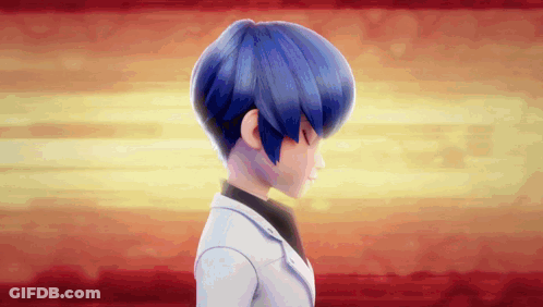 A Cartoon Character With Blue Hair Is Wearing A White Jacket GIF