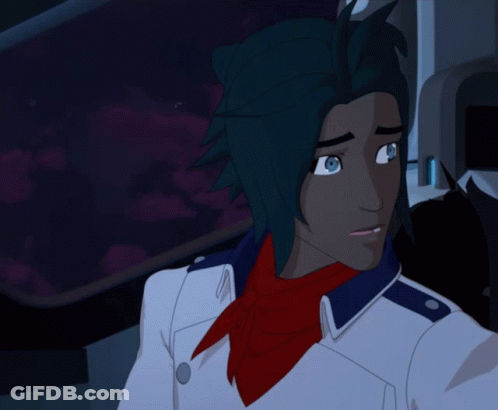 A Cartoon Character With Blue Hair Is Wearing A White Jacket And A Red Scarf GIF