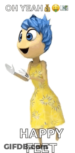 A Cartoon Character With Blue Hair Is Wearing A Yellow Dress And Saying `` Oh Yeah Happy Feet '' . GIF