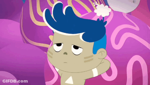 A Cartoon Character With Blue Hair Looks Tired GIF