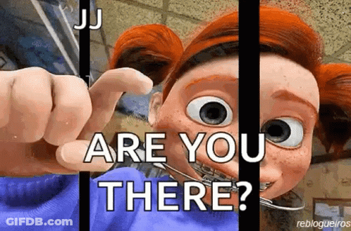 A Cartoon Character With Braces On Her Teeth Is Pointing At The Camera And Says " Are You There " GIF