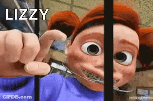 A Cartoon Character With Braces On Her Teeth Is Pointing At The Camera With The Word Lizzy Above Her Head . GIF
