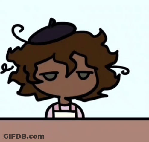A Cartoon Character With Brown Hair And A Beret GIF