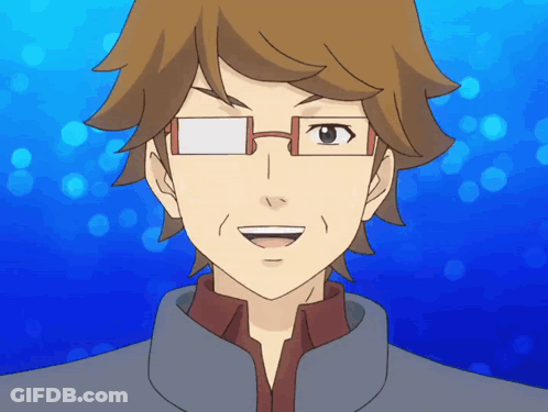 A Cartoon Character With Brown Hair And Glasses Is Smiling With A Blue Background GIF