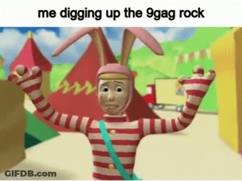 A Cartoon Character With Bunny Ears And The Words Me Digging Up The 9 Gag Rock On The Bottom GIF