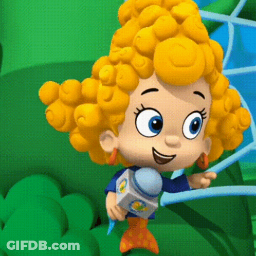 A Cartoon Character With Curly Hair Is Holding A Microphone And Smiling GIF