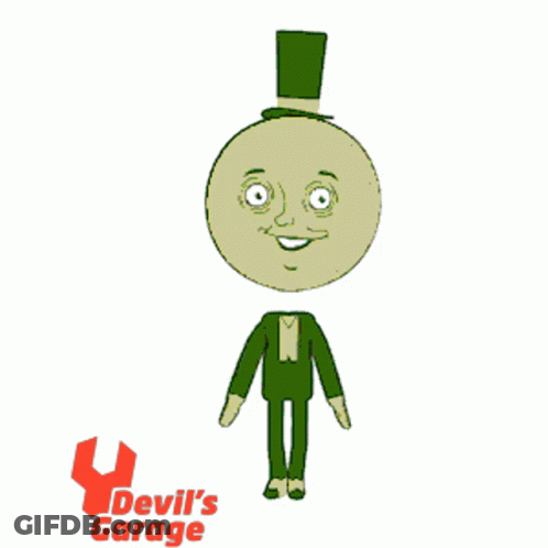 A Cartoon Character With Devil 'S Garage Written On It GIF