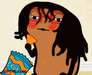 A Cartoon Character With Dreadlocks Is Eating A Bag Of Crunch Chips . GIF