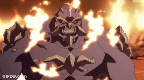 A Cartoon Character With Flames Coming Out Of His Torso GIF