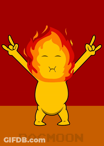 A Cartoon Character With Flames On His Head And Banger Written On The Bottom GIF