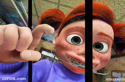 A Cartoon Character With Freckles And Braces On Her Teeth Is Behind Bars GIF
