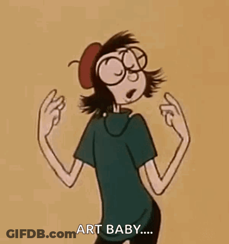 A Cartoon Character With Glasses And A Beret Is Dancing And Says `` Art Baby '' . GIF