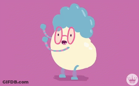 A Cartoon Character With Glasses And A Blue Curly Hair GIF