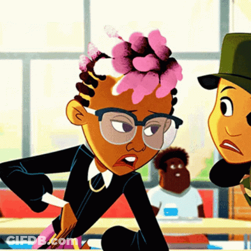 A Cartoon Character With Glasses And A Flower In Her Hair Is Talking To Another Character GIF