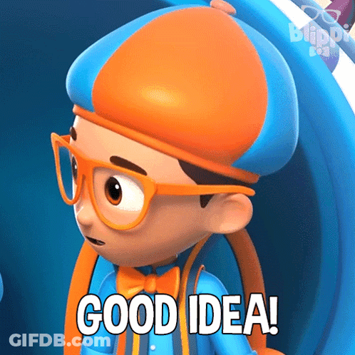 A Cartoon Character With Glasses And A Hat That Says Good Idea GIF