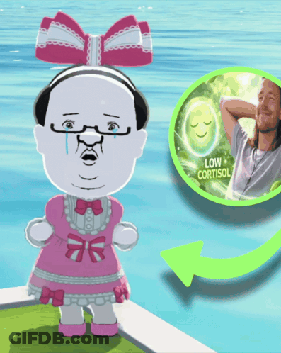 A Cartoon Character With Glasses And A Pink Bow Has A Picture Of A Man With A Smiley Face And The Words Low Cortisol GIF