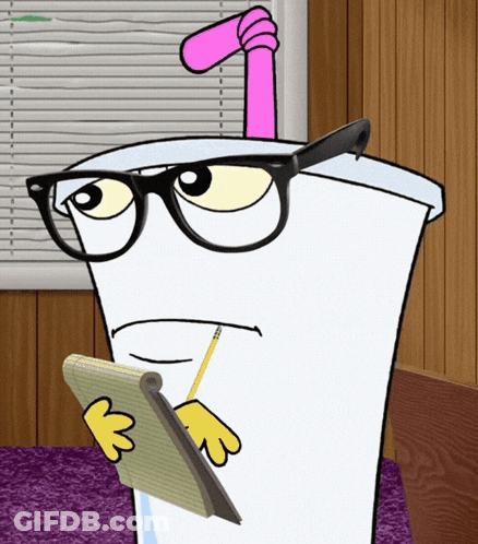 Cartoon Character With Glasses And Pink Straw Holding Notepad GIF